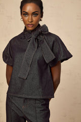 Indigo blue denim matching set with blouse and jeans featuring contrast stitching named Roxane