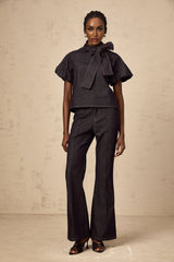 Indigo blue denim matching set with blouse and jeans featuring contrast stitching named Roxane