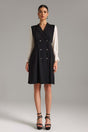 Ines Black Double-Breasted Mesh Sleeve Midi Dress