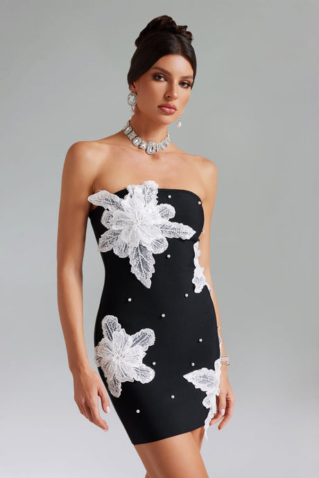 Ines Black Elegant Floral Pearl Embellished Strapless Cocktail Dress