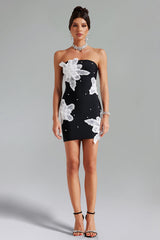 Ines Black Floral Pearl Embellished Strapless Cocktail Dress