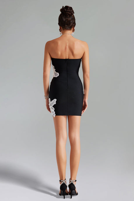 Ines Black Floral Pearl Embellished Strapless Cocktail Dress