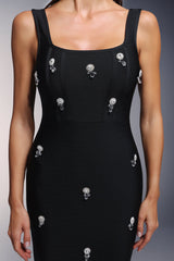Ines Black Maxi Dress with Square Neckline and Exquisite Embellishments