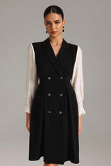 Ines Black Mesh Sleeve Double-Breasted Midi Dress