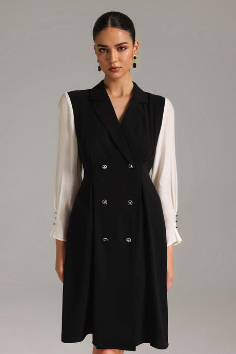 Ines Black Mesh Sleeve Double-Breasted Midi Dress