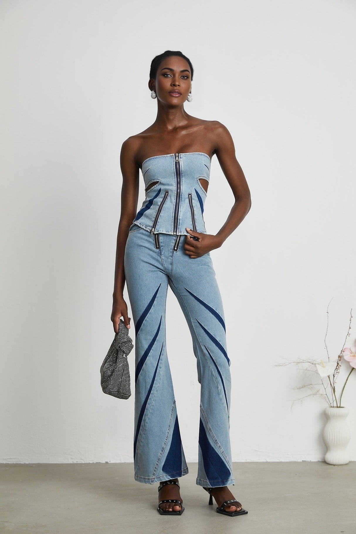 Inès colorblocked denim top  jeans matching set