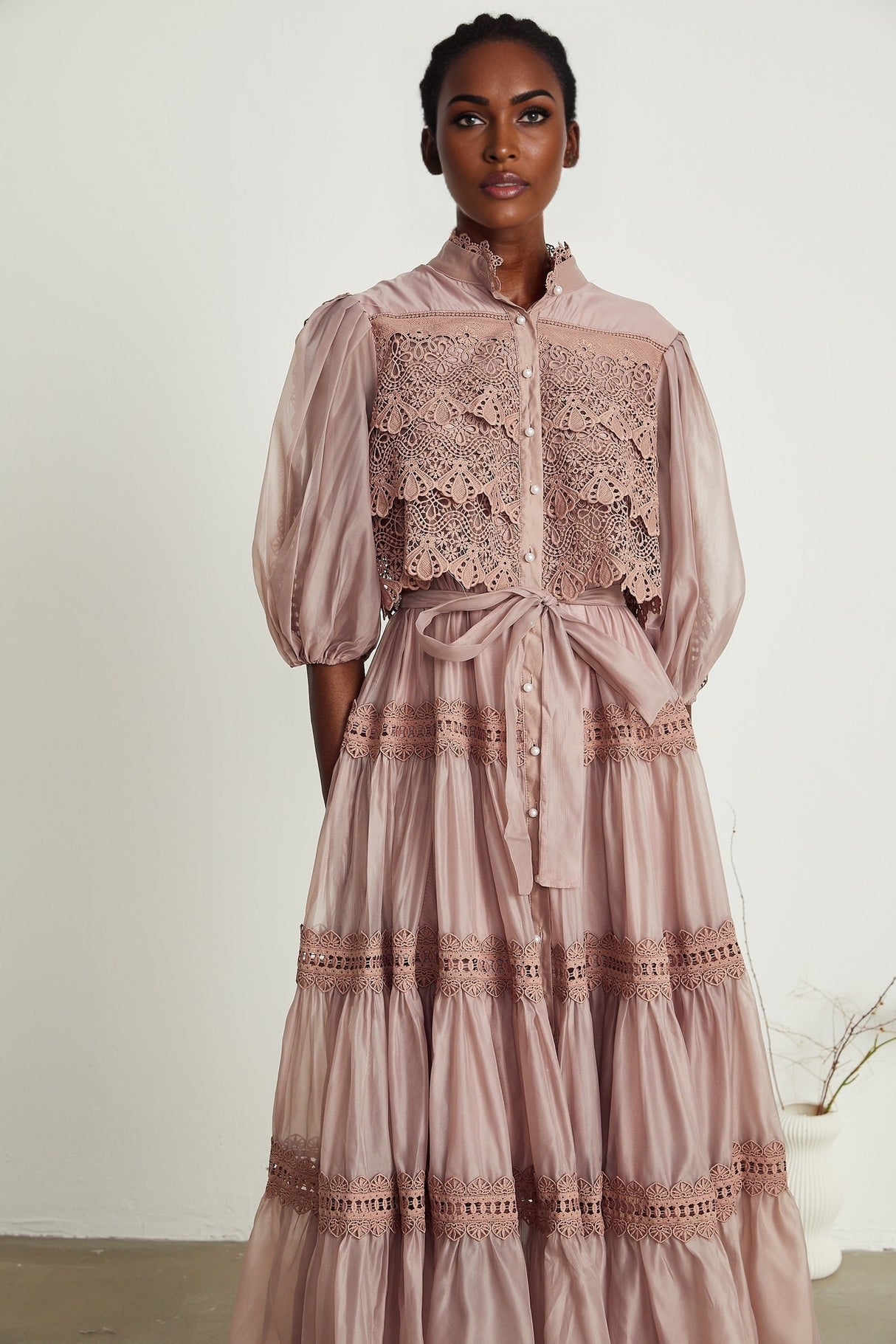 Inès lace cutout tiered midi dress