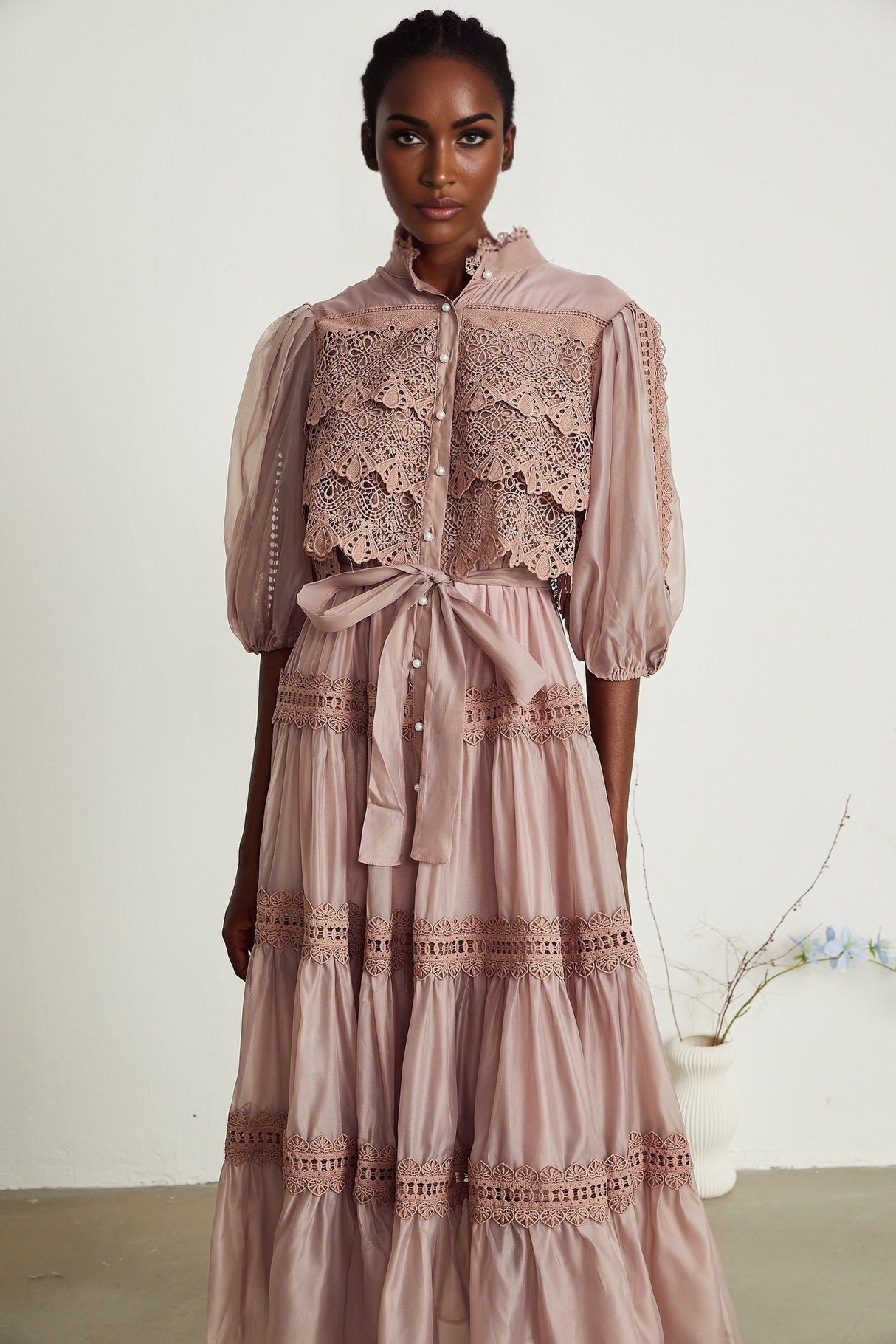 Inès lace cutout tiered midi dress