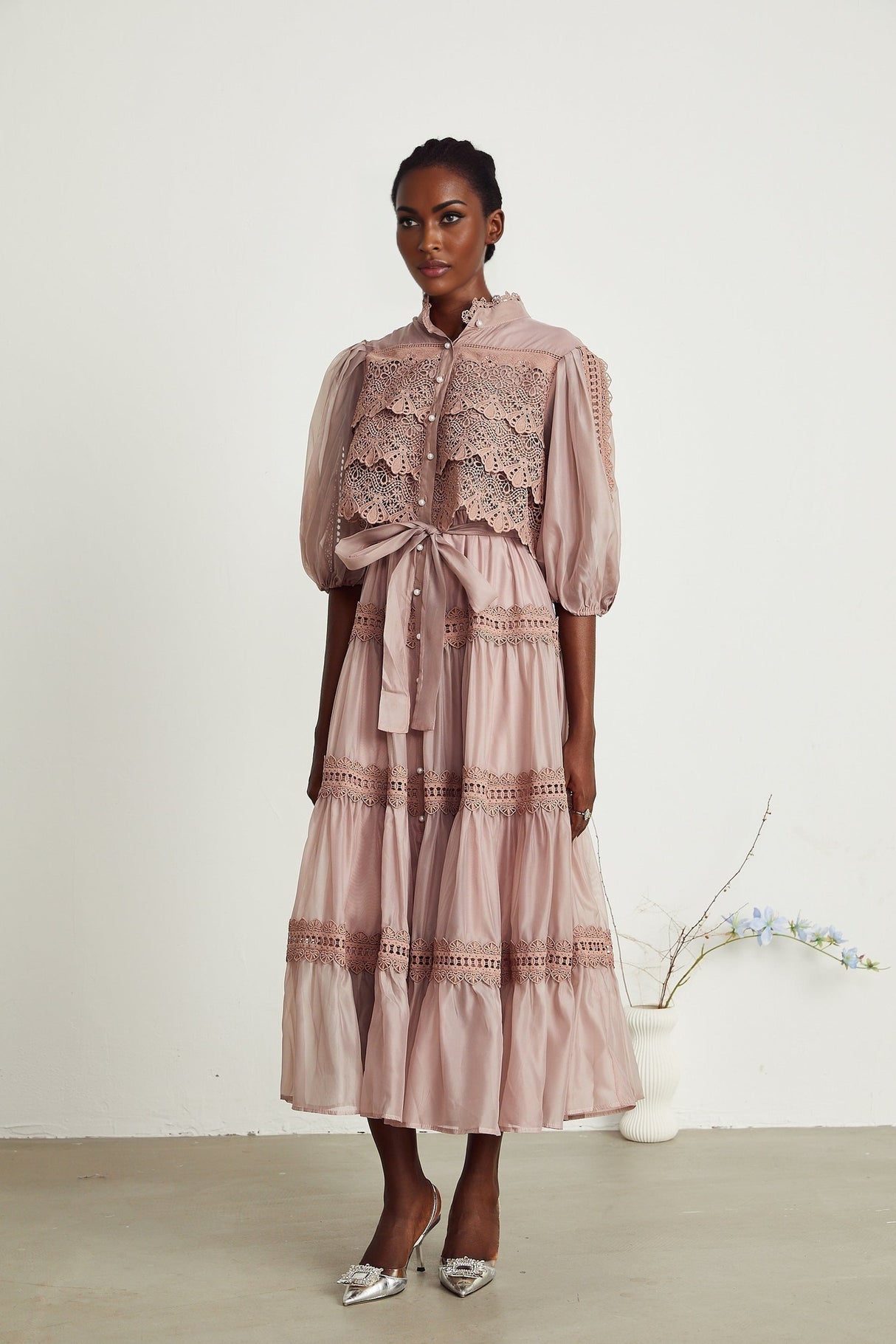 Inès lace cutout tiered midi dress