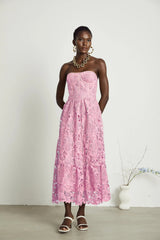 Inès lace floral embroidered cutout midi dress in Pink