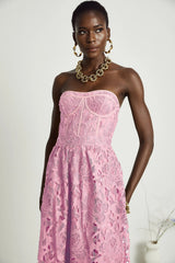 Inès lace floral embroidered cutout midi dress in Pink