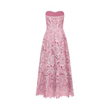 Inès lace floral embroidered cutout midi dress in Pink