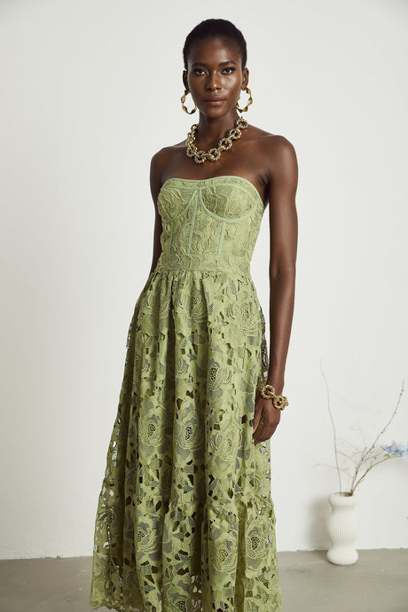 Inès lace floral embroidered cutout midi dress