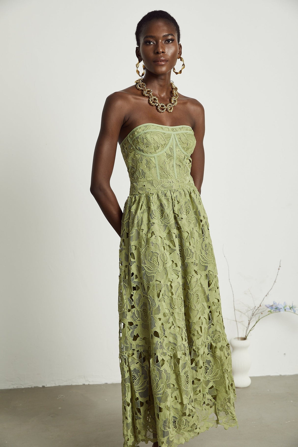 Inès lace floral embroidered cutout midi dress