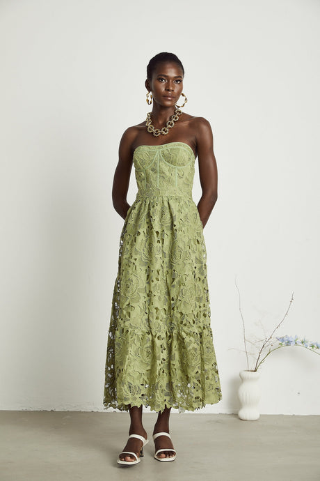 Inès lace floral embroidered cutout midi dress