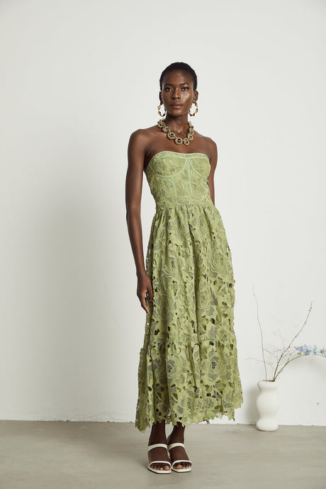 Inès lace floral embroidered cutout midi dress