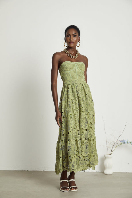 Inès lace floral embroidered cutout midi dress