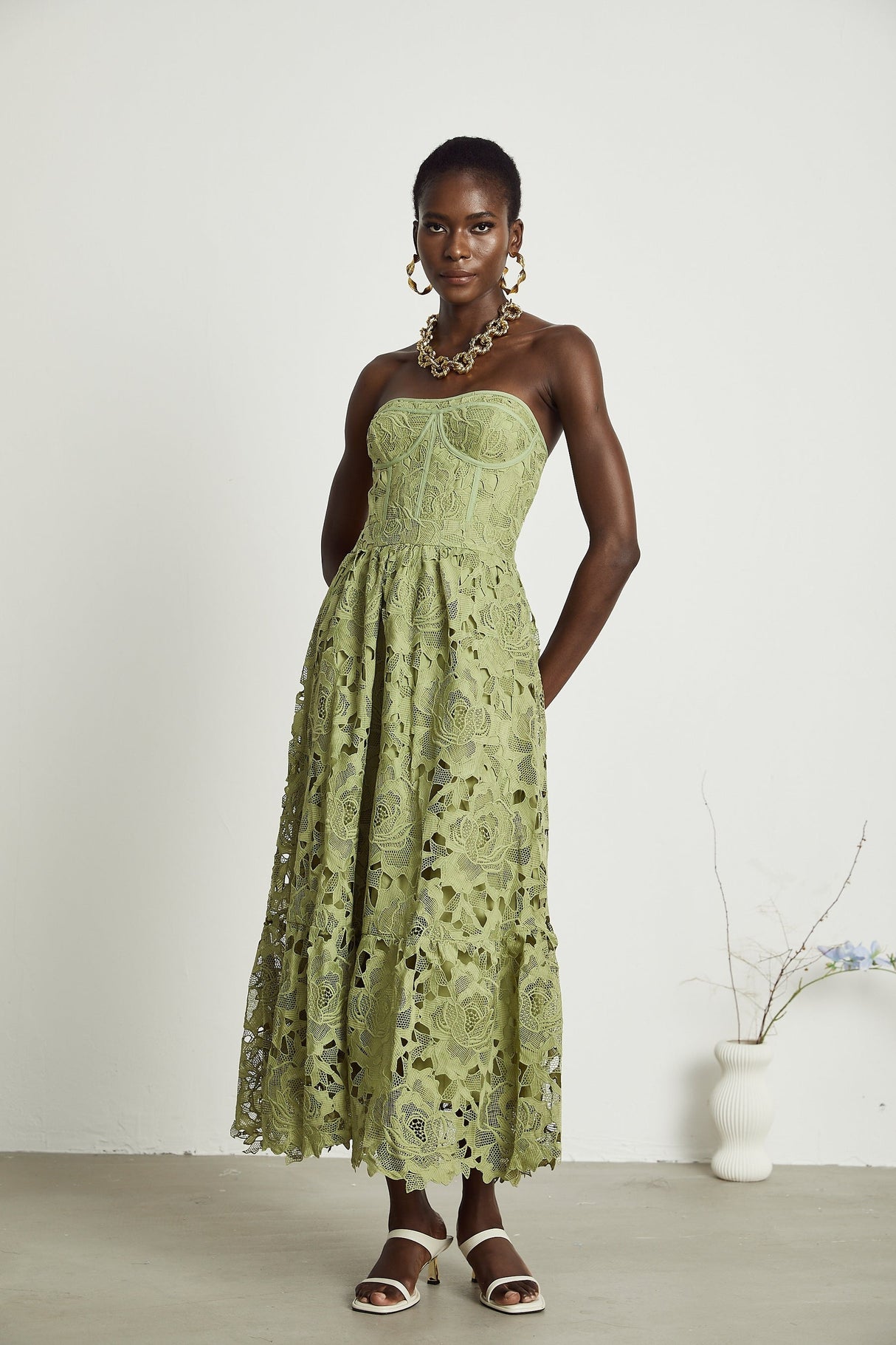 Inès lace floral embroidered cutout midi dress