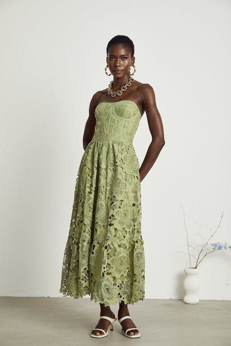 Inès lace floral embroidered cutout midi dress