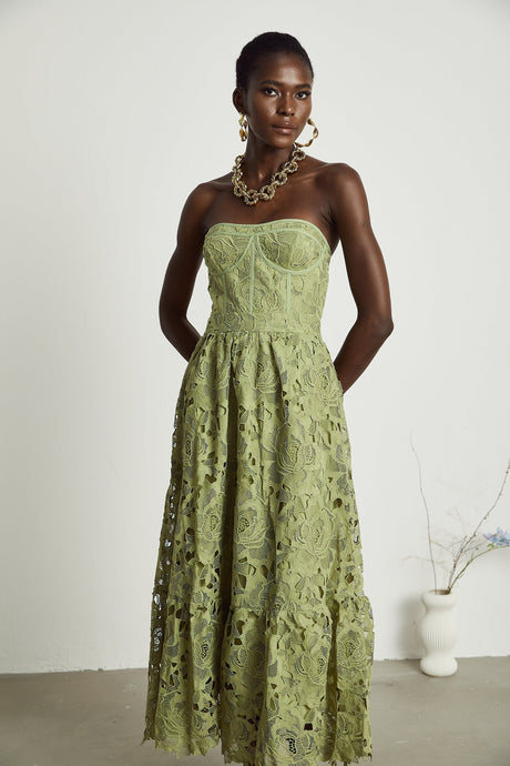 Inès lace floral embroidered cutout midi dress