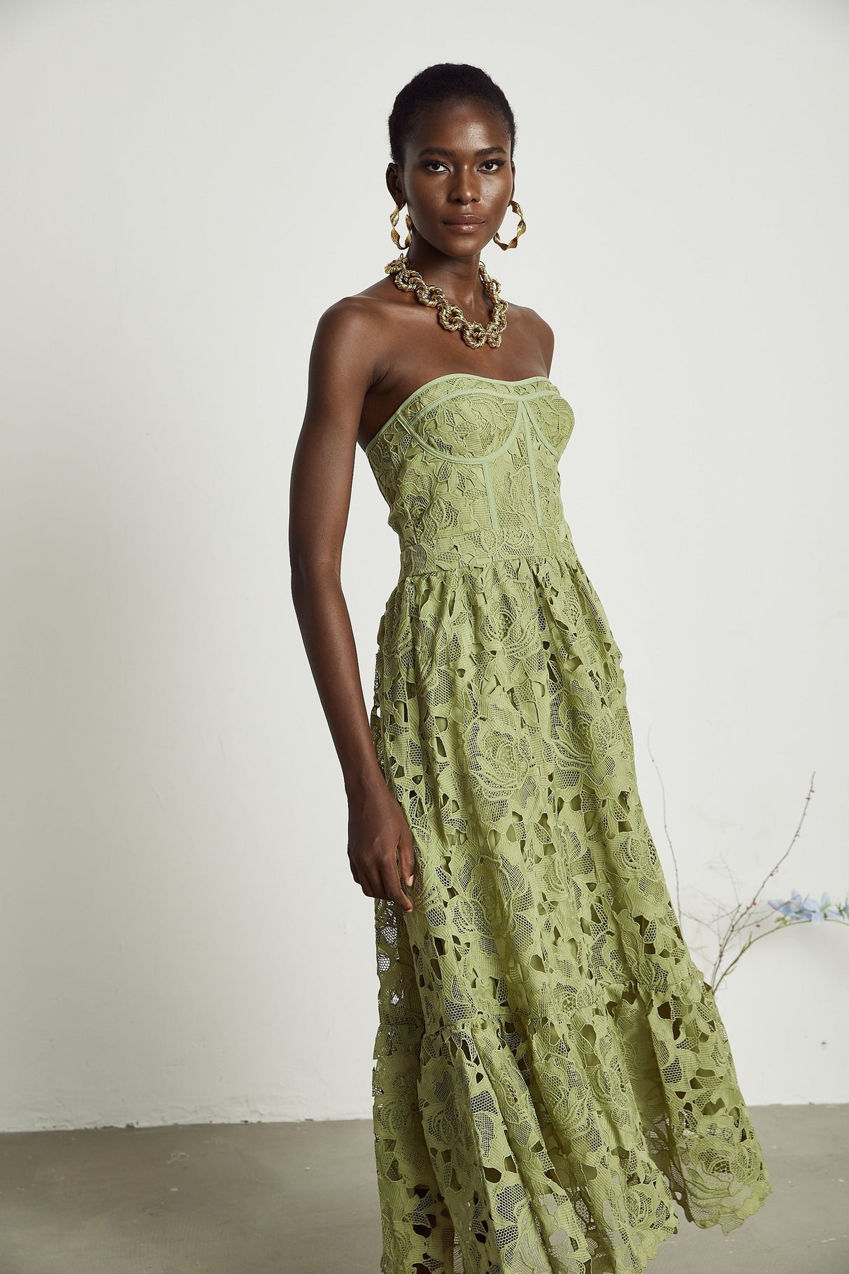 Inès lace floral embroidered cutout midi dress
