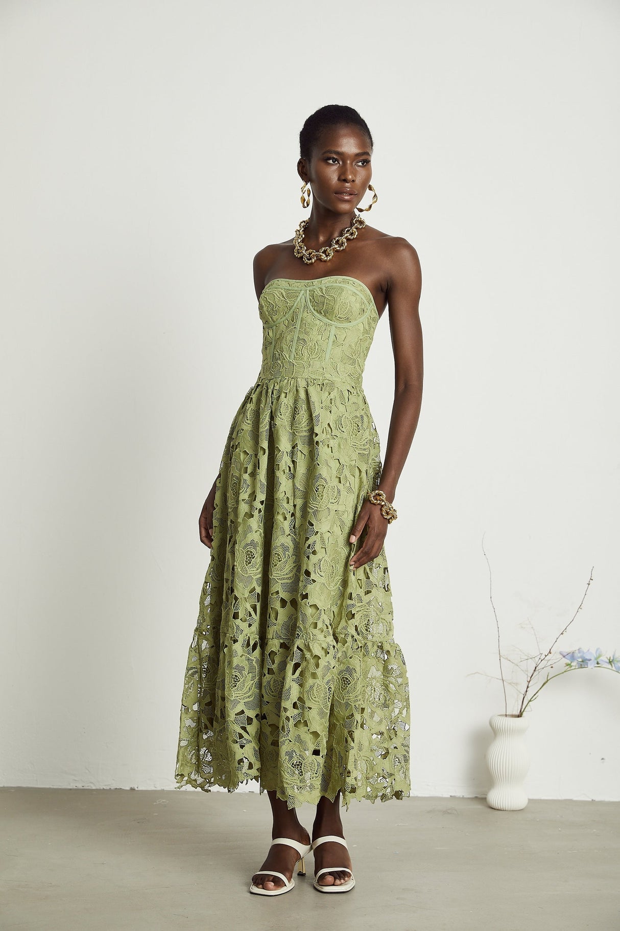 Inès lace floral embroidered cutout midi dress