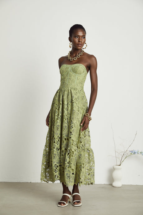 Inès lace floral embroidered cutout midi dress