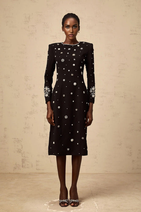 Ines Midi Dress Black Crystal Embellished & Dart Detail & Rear Slit