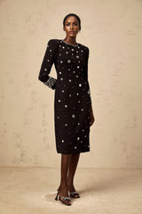 Ines Midi Dress Black Crystal Embellished & Dart Detail & Rear Slit