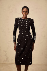 Ines Midi Dress Black Crystal Embellished & Dart Detail & Rear Slit
