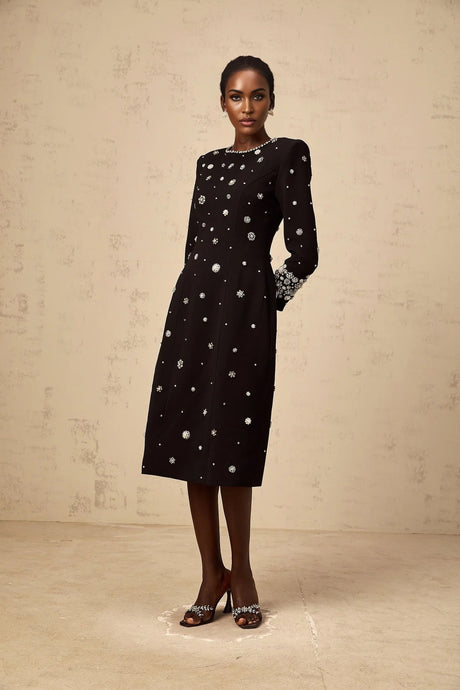 Ines Midi Dress Black Crystal Embellished & Dart Detail & Rear Slit
