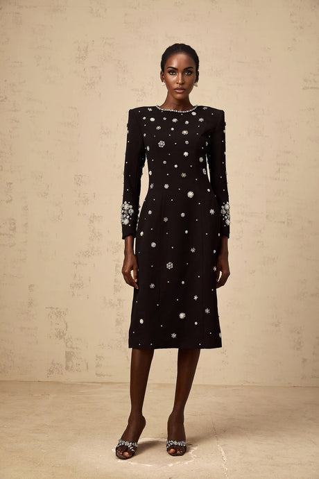 Ines Midi Dress Black Crystal Embellished & Dart Detail & Rear Slit