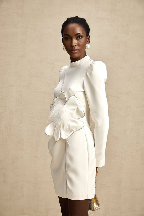 Inès Mini Dress - Long Sleeve Turtleneck - Cinched Waist - Artificial Flower Decoration