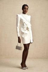 Inès Mini Dress - Long Sleeve Turtleneck - Cinched Waist - Artificial Flower Decoration
