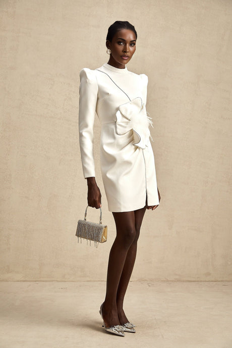 Inès Mini Dress - Long Sleeve Turtleneck - Cinched Waist - Artificial Flower Decoration