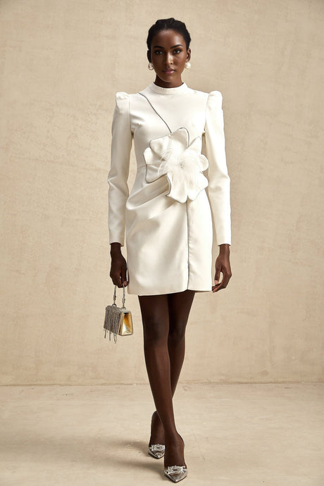 Inès Mini Dress - Long Sleeve Turtleneck - Cinched Waist - Artificial Flower Decoration
