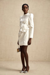 Inès Mini Dress - Long Sleeve Turtleneck - Cinched Waist - Artificial Flower Decoration