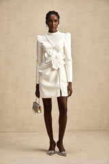 Inès Mini Dress - Long Sleeve Turtleneck - Cinched Waist - Artificial Flower Decoration