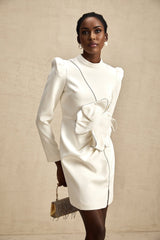 Inès Mini Dress - Long Sleeve Turtleneck - Cinched Waist - Artificial Flower Decoration