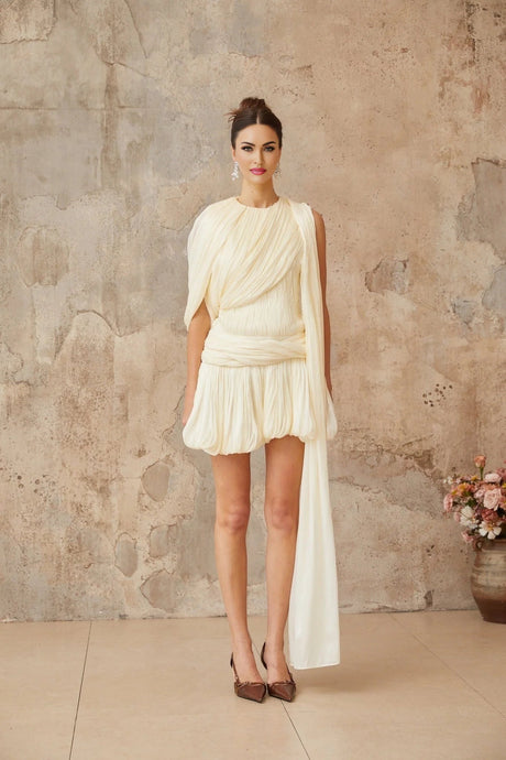 Ines Mini Dress Pleated Ribbon Design & Glitter Detail