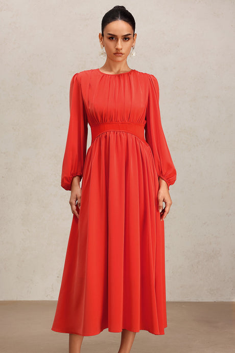 Ines Red Long Sleeve Maxi Dress Flowing Silhouette Gathered Detailing Round Neckline Fit Feel