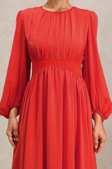 Ines Red Long Sleeve Maxi Dress Flowing Silhouette Gathered Detailing Round Neckline Fit Feel