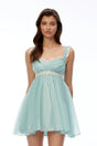 Inez Blue Ruched Mini Dress with Lace Trim