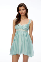 Inez Blue Ruched Mini Dress with Lace Trim