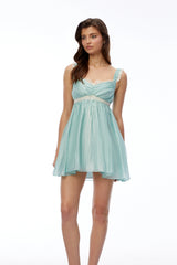 Inez Blue Ruched Mini Dress with Lace Trim