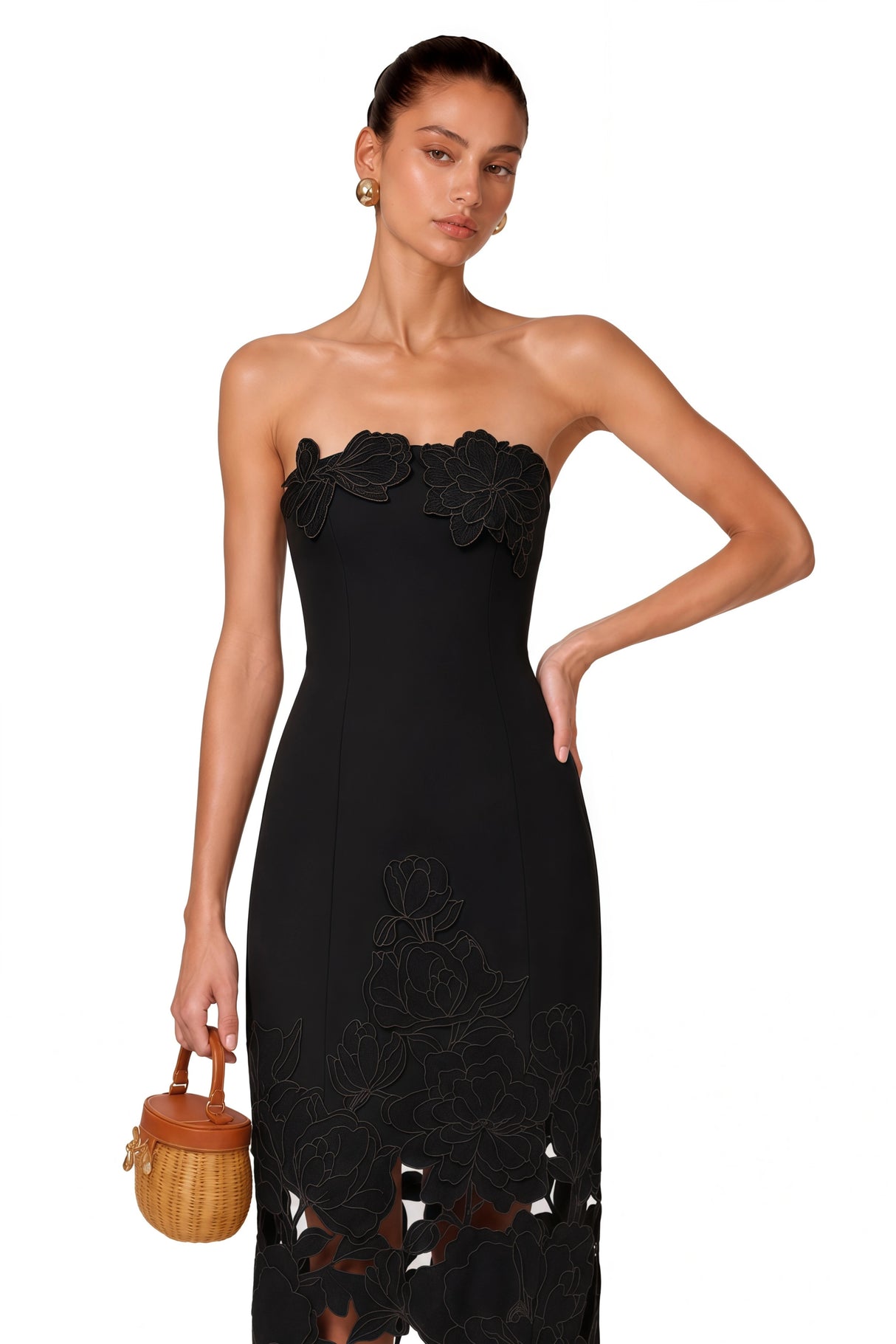 Inga Black Strapless Floral Embroidered Maxi Dress