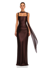 Inmaculada Brown Ruched Satin Maxi Dress Without Gloves