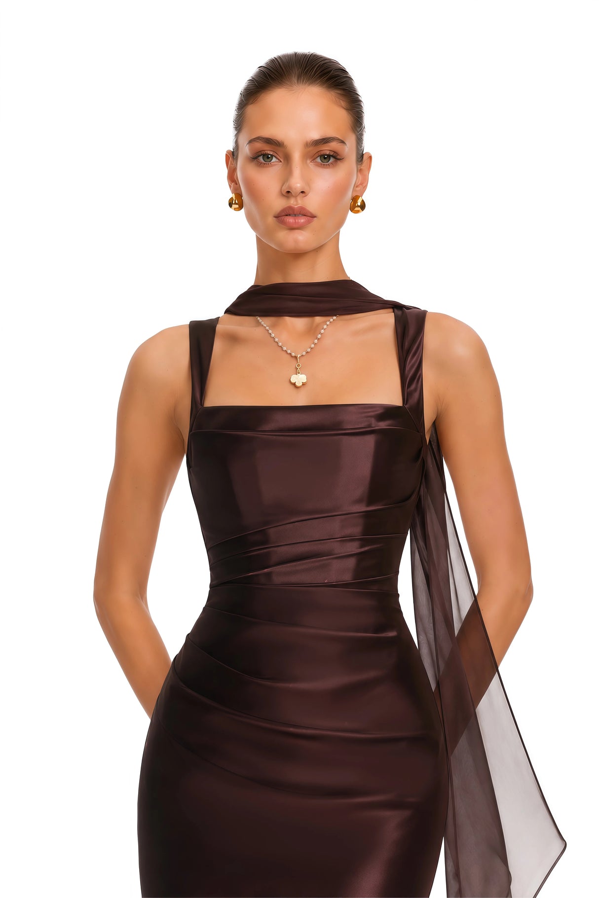 Inmaculada Brown Ruched Satin Maxi Dress Without Gloves