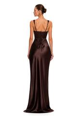Inmaculada Brown Ruched Satin Maxi Dress Without Gloves