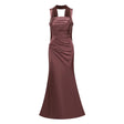 Inmaculada Brown Ruched Satin Maxi Dress Without Gloves